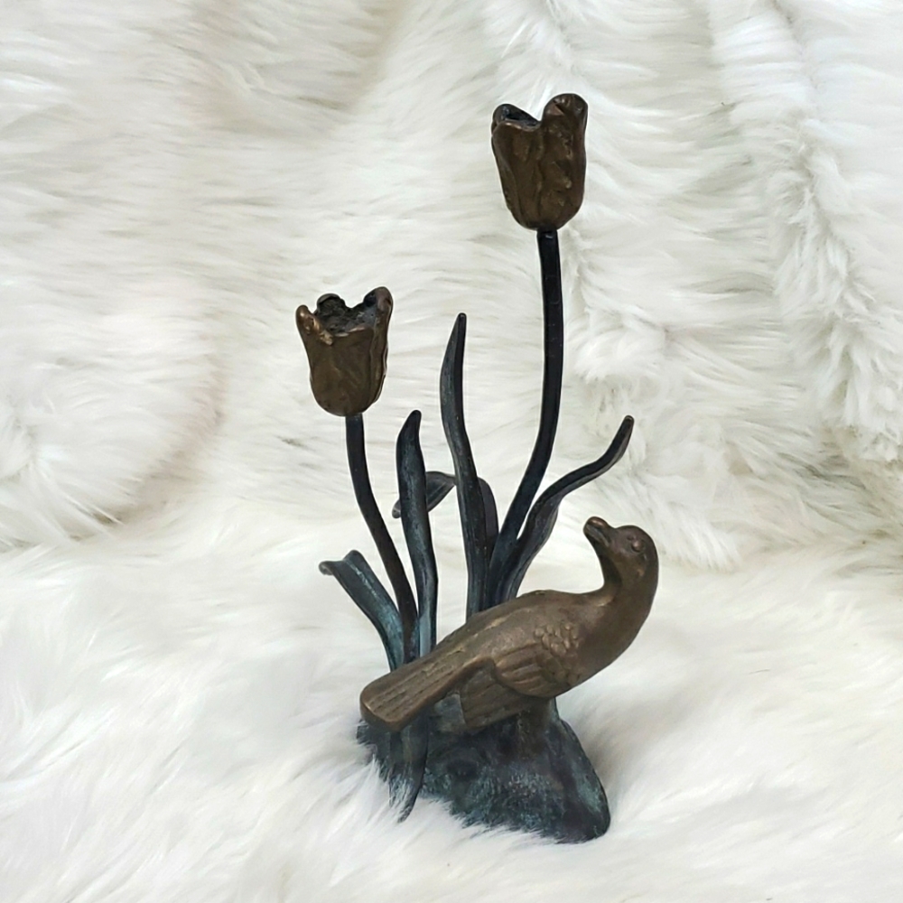 Vintage Wildwood Accent Bronze Candlesticks Tulip and Bird